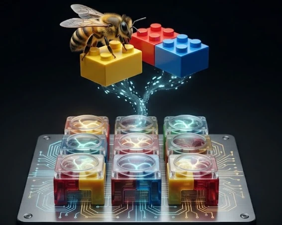 AI-Lego-Block (ALB): honeybee placing modular red and blue blocks onto a 3x3 ALB array