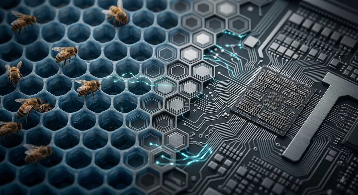Honeybees on a honeycomb transitioning into a circuit board — the biological basis for NuMorph's ERN-AI neuromorphic software