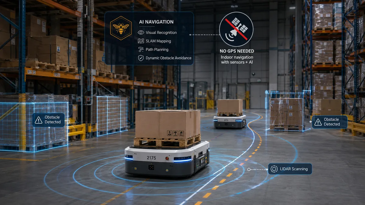 GPS Free Navigation: warehouse robot using ERN-AI vision navigation with LIDAR scanning and obstacle detection